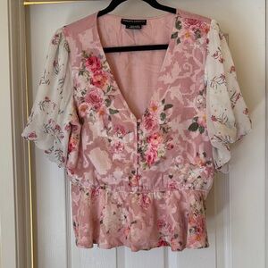 Anthropologie Pink Floral Blouse with Puff Sleeves